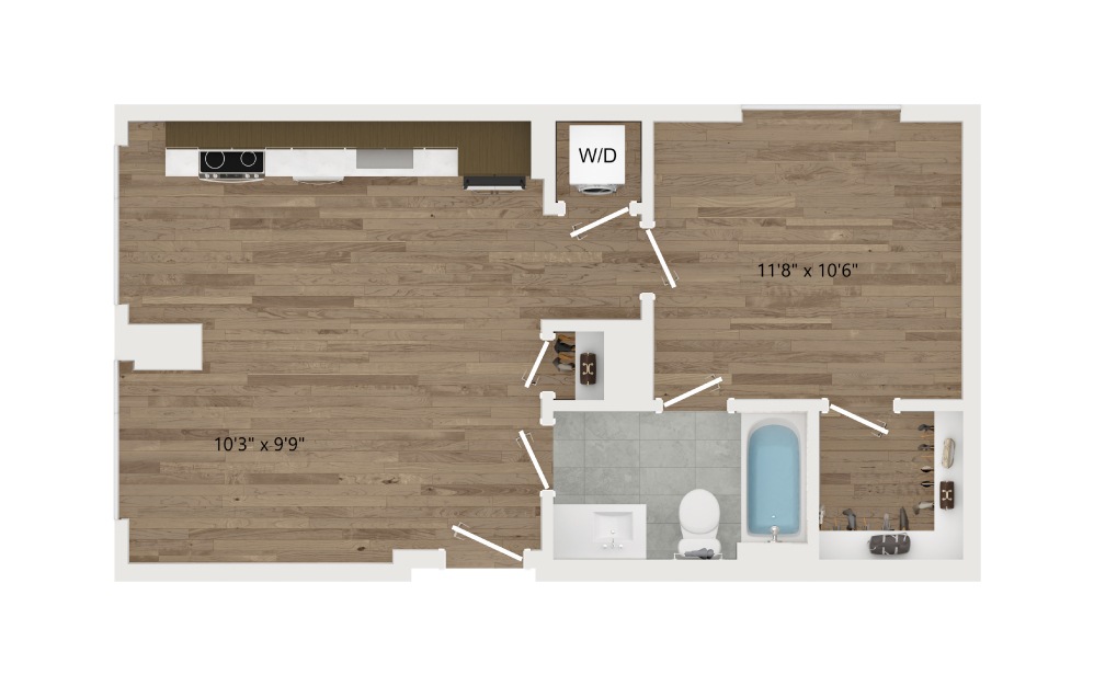 A03 - 1 bedroom floorplan layout with 1 bath and 574 square feet.
