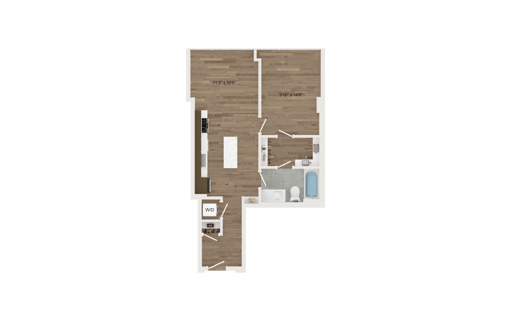 A04.1 - 1 bedroom floorplan layout with 1 bath and 627 square feet.