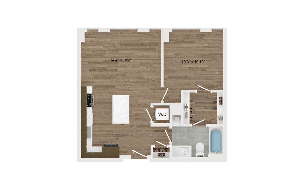 A06 - 1 bedroom floorplan layout with 1 bath and 616 square feet.