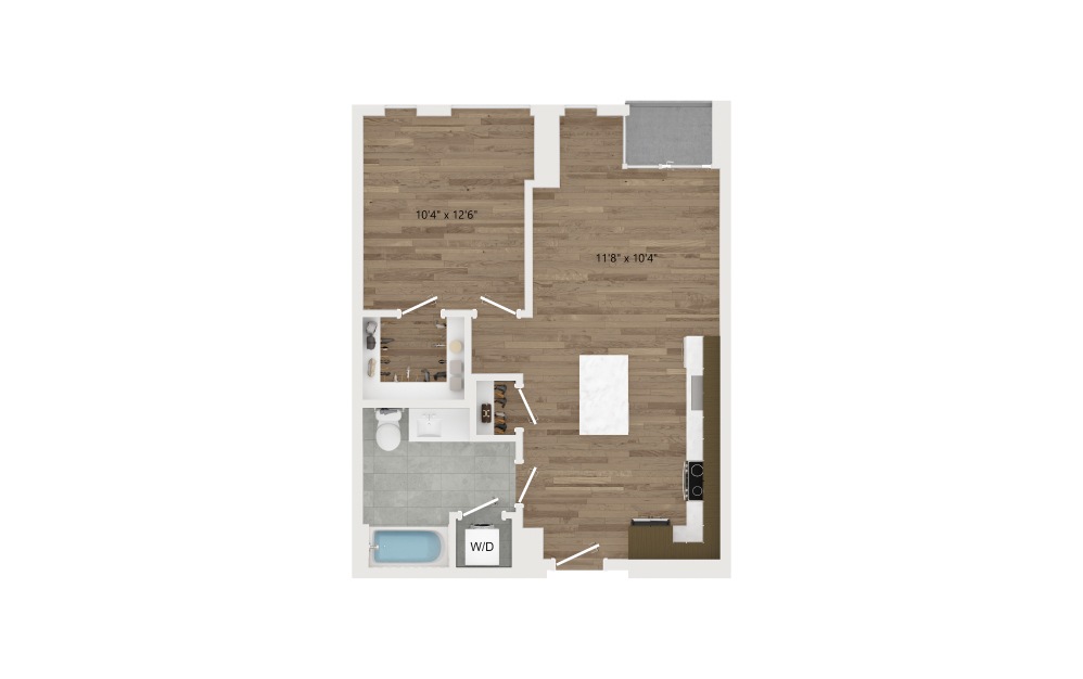 A08 - 1 bedroom floorplan layout with 1 bath and 627 square feet.