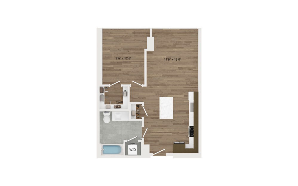A08.1 - 1 bedroom floorplan layout with 1 bath and 638 square feet.