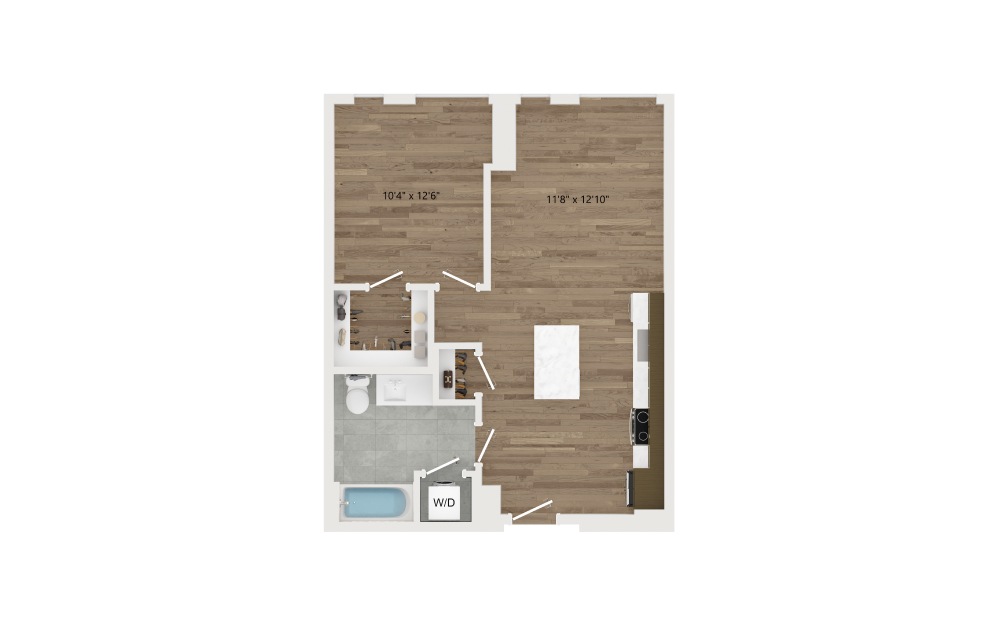 A09 - 1 bedroom floorplan layout with 1 bath and 649 square feet.