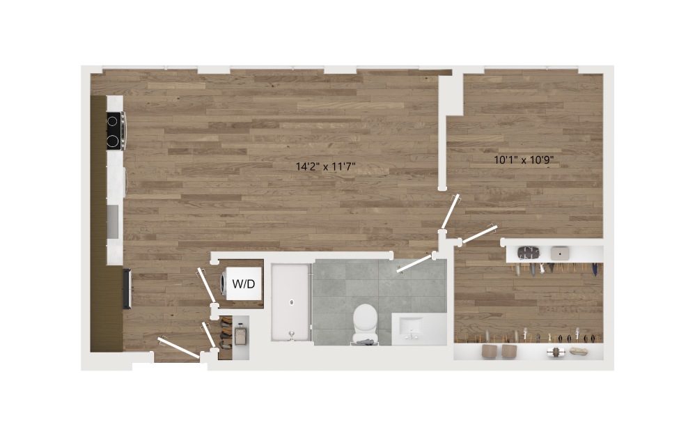 A10 - 1 bedroom floorplan layout with 1 bath and 653 square feet.