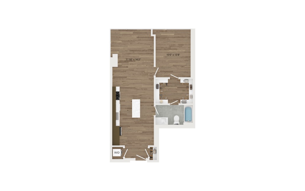 A14 - 1 bedroom floorplan layout with 1 bath and 738 square feet.