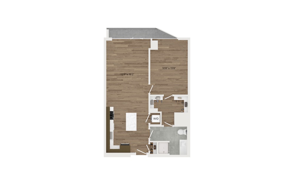 A15 - 1 bedroom floorplan layout with 1 bath and 760 square feet.