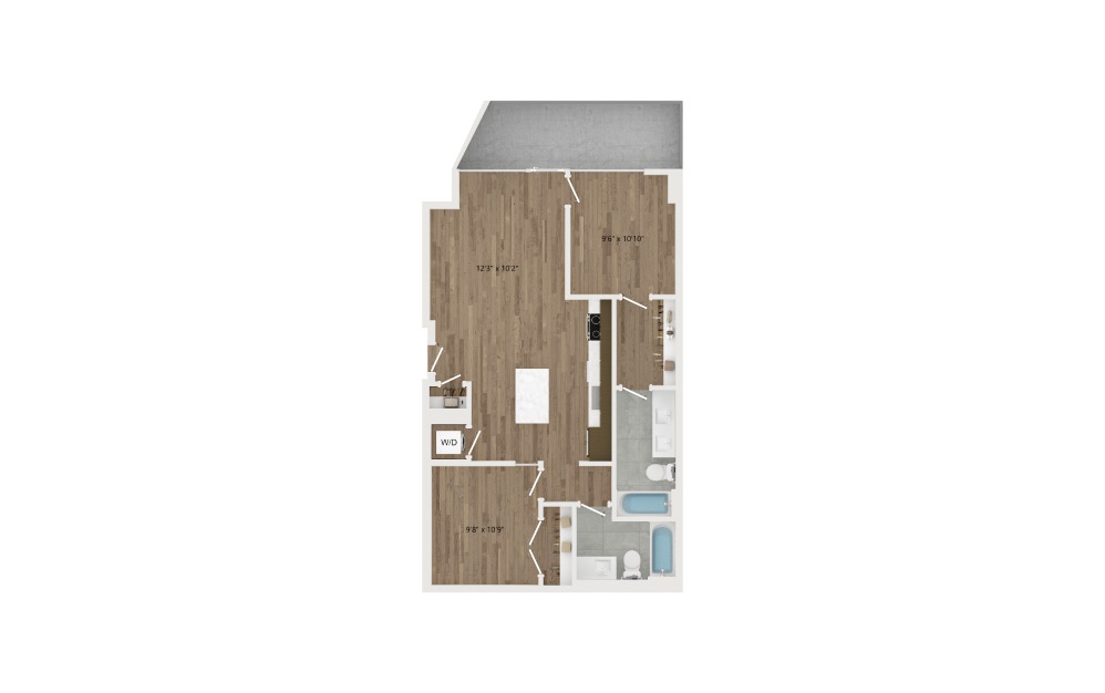C02 - 2 bedroom floorplan layout with 2 baths and 878 square feet.