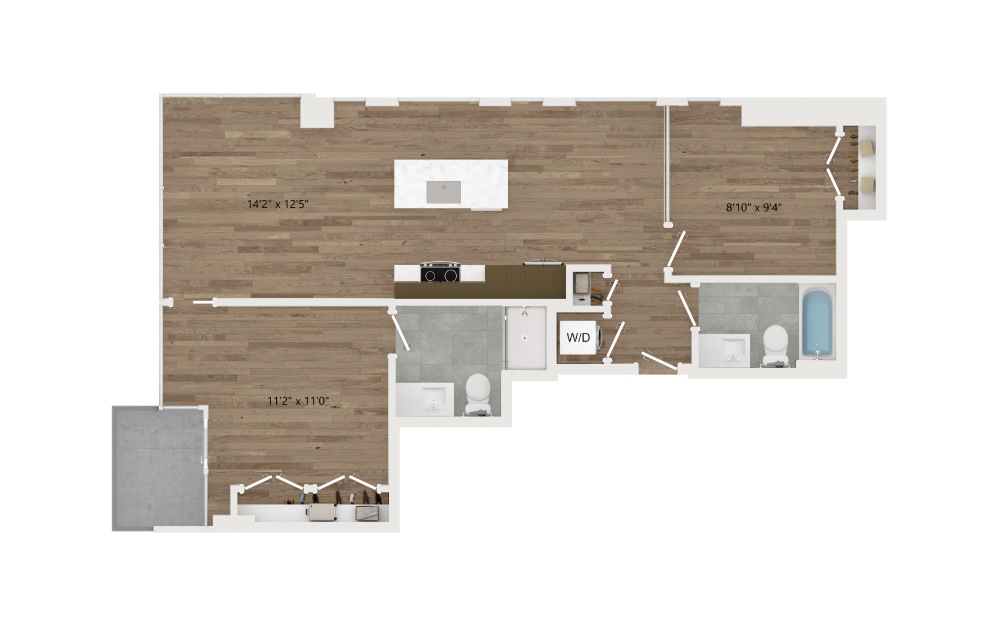 C03 - 2 bedroom floorplan layout with 2 baths and 902 square feet.