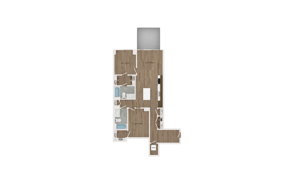 C05 - 2 bedroom floorplan layout with 2 baths and 937 square feet.