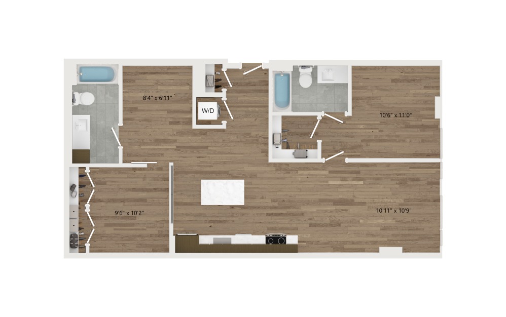 CB01 - 2 bedroom floorplan layout with 2 baths and 1037 square feet.