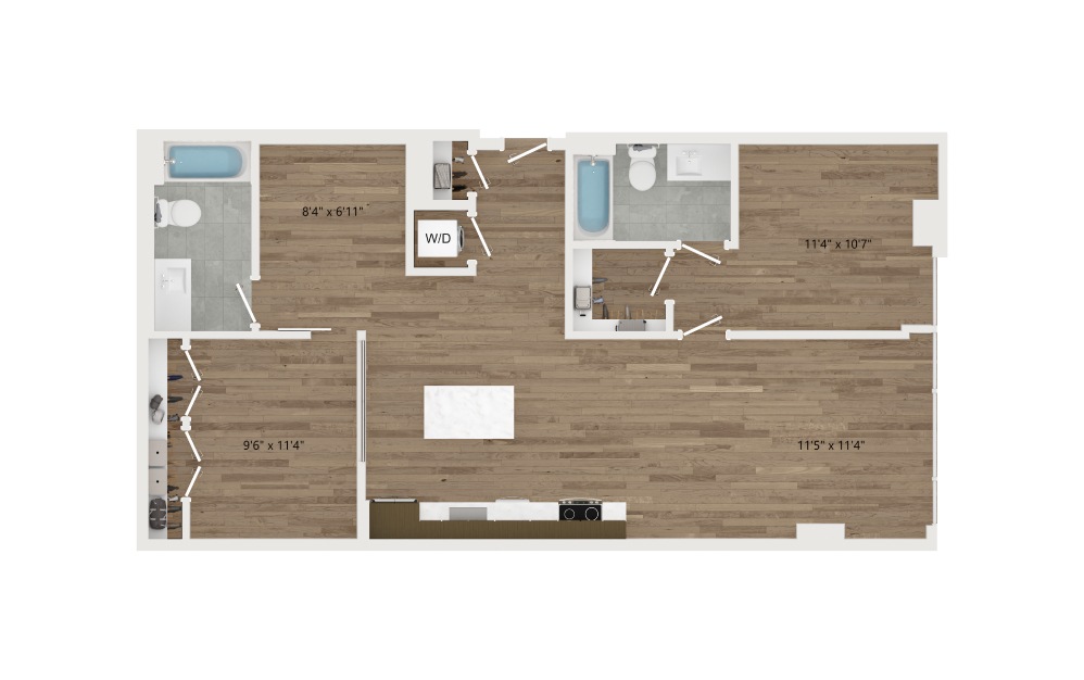 CB01.1 - 2 bedroom floorplan layout with 2 baths and 1045 square feet.
