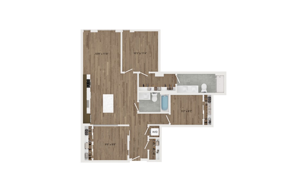 CB02 - 2 bedroom floorplan layout with 2 baths and 1047 square feet.