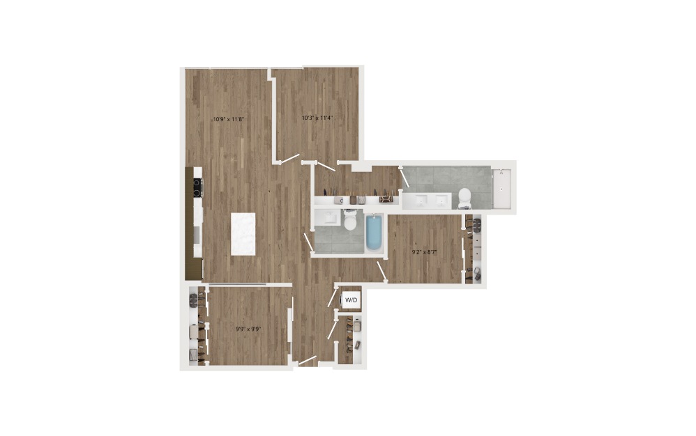 CB02.1 - 2 bedroom floorplan layout with 2 baths and 1049 square feet.