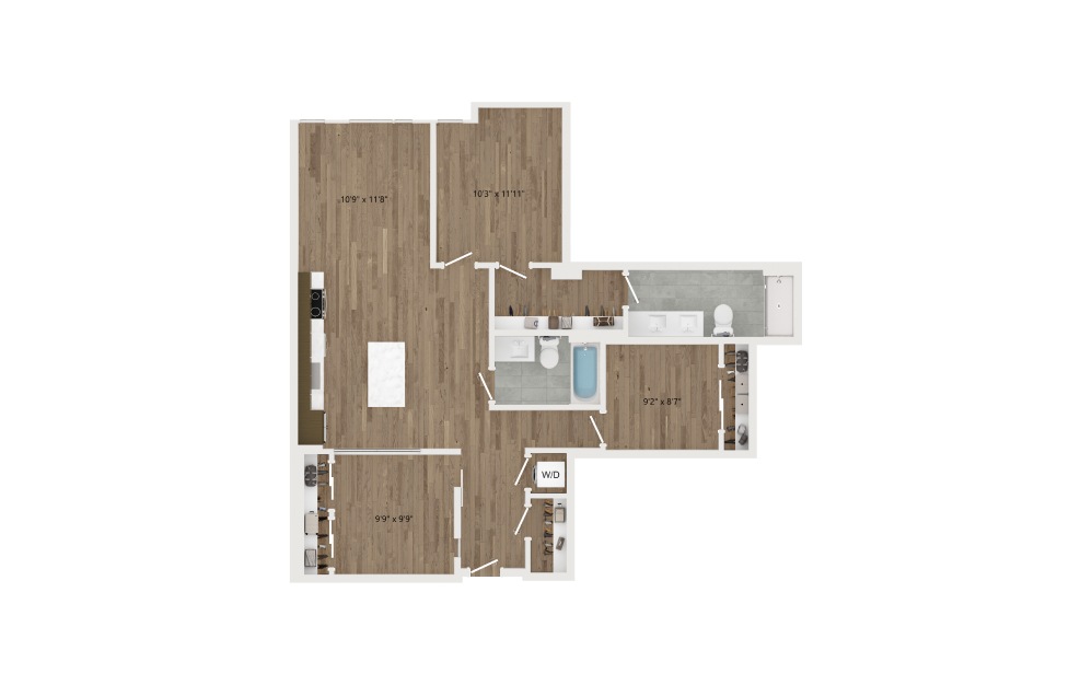 CB02.3 - 2 bedroom floorplan layout with 2 baths and 1056 square feet.
