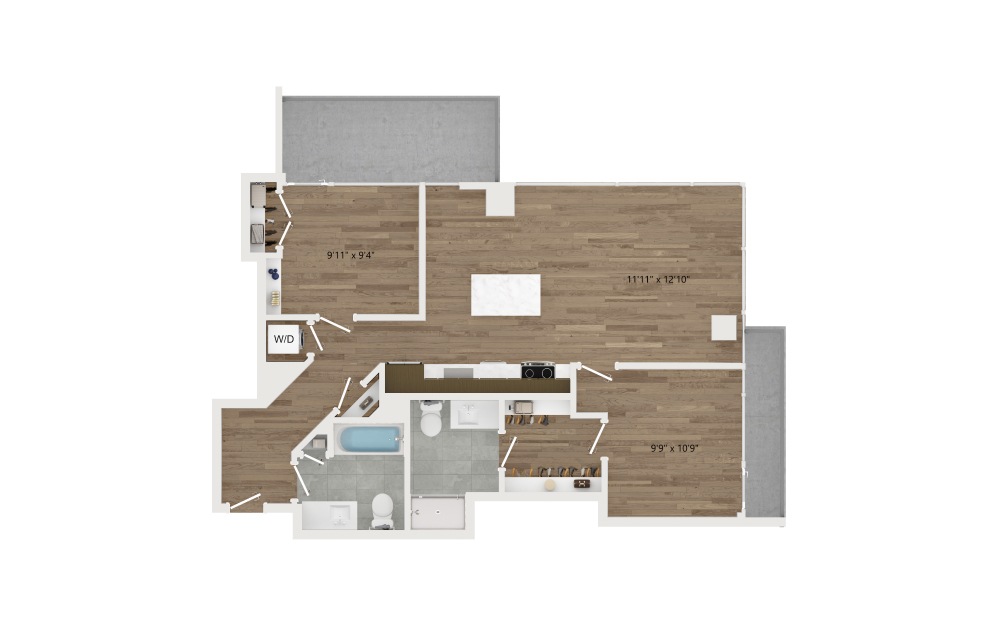 D01 - 2 bedroom floorplan layout with 2 baths and 915 square feet.