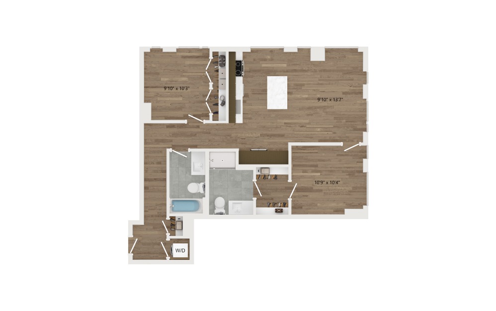 D02 - 2 bedroom floorplan layout with 2 baths and 935 square feet.