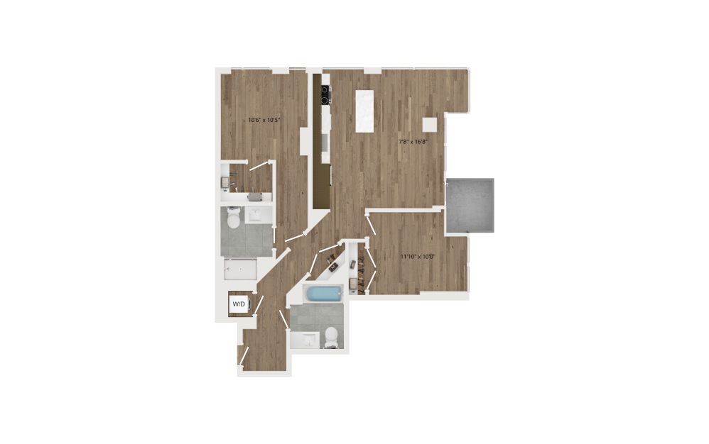D03 - 2 bedroom floorplan layout with 2 baths and 946 square feet.