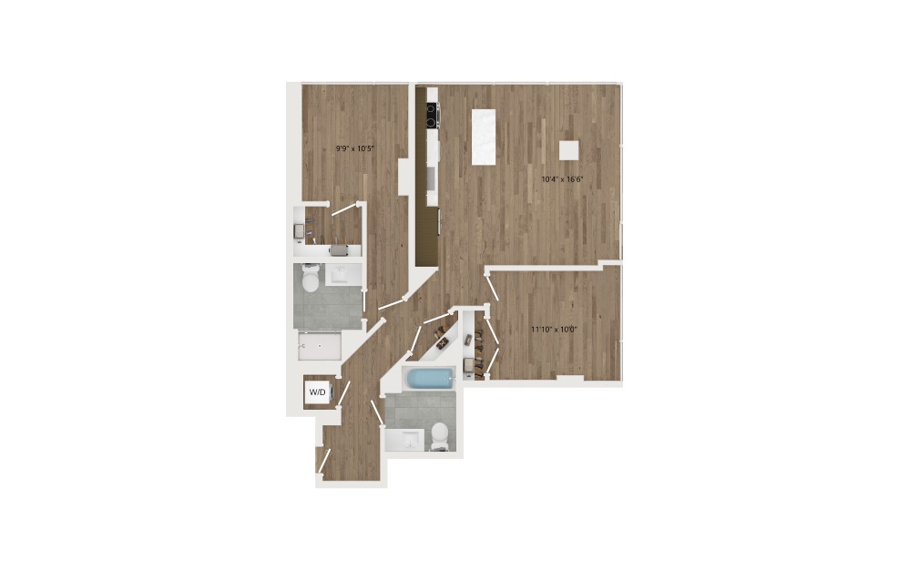 D03.2 - 2 bedroom floorplan layout with 2 baths and 956 square feet.