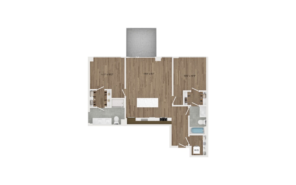 D04 - 2 bedroom floorplan layout with 2 baths and 981 square feet.