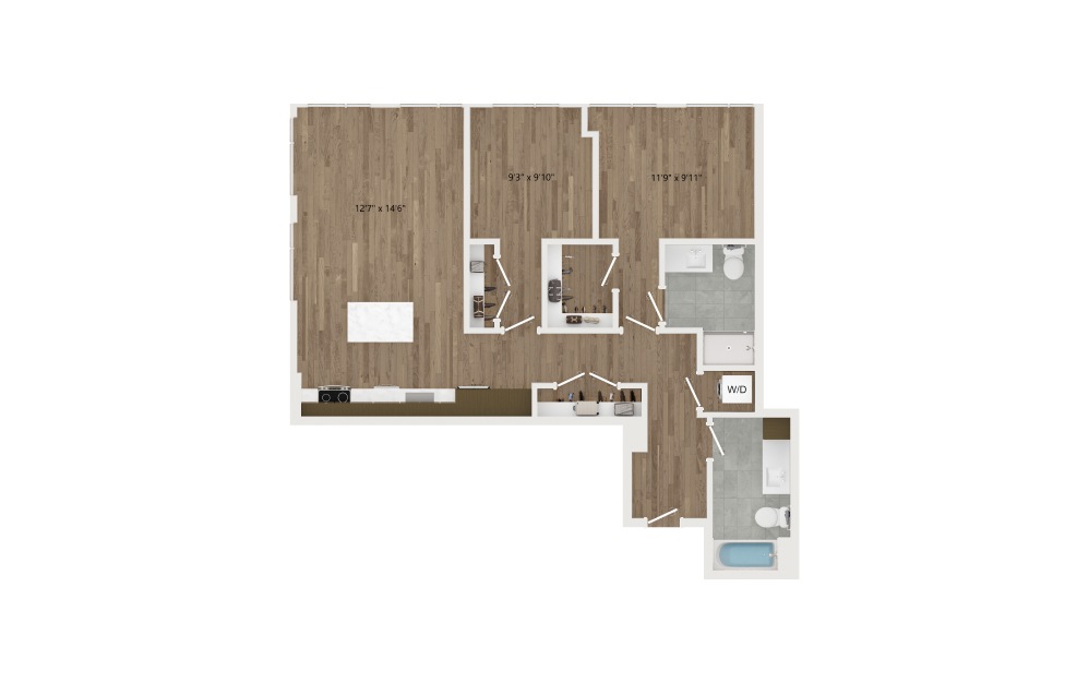 D05 - 2 bedroom floorplan layout with 2 baths and 1013 square feet.