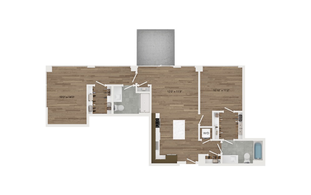 D06 - 2 bedroom floorplan layout with 2 baths and 1031 square feet.