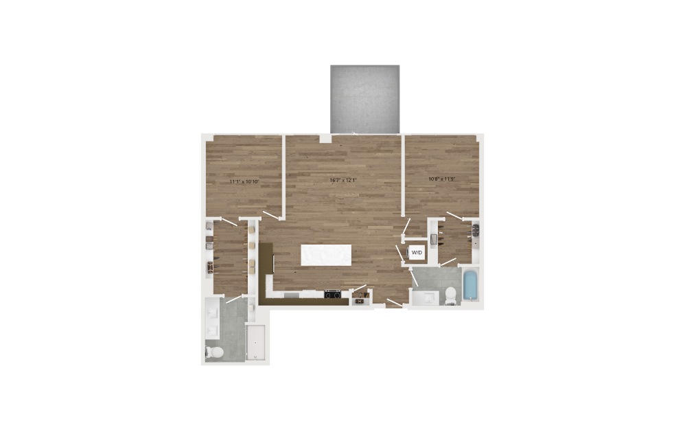 D07 - 2 bedroom floorplan layout with 2 baths and 1054 square feet.