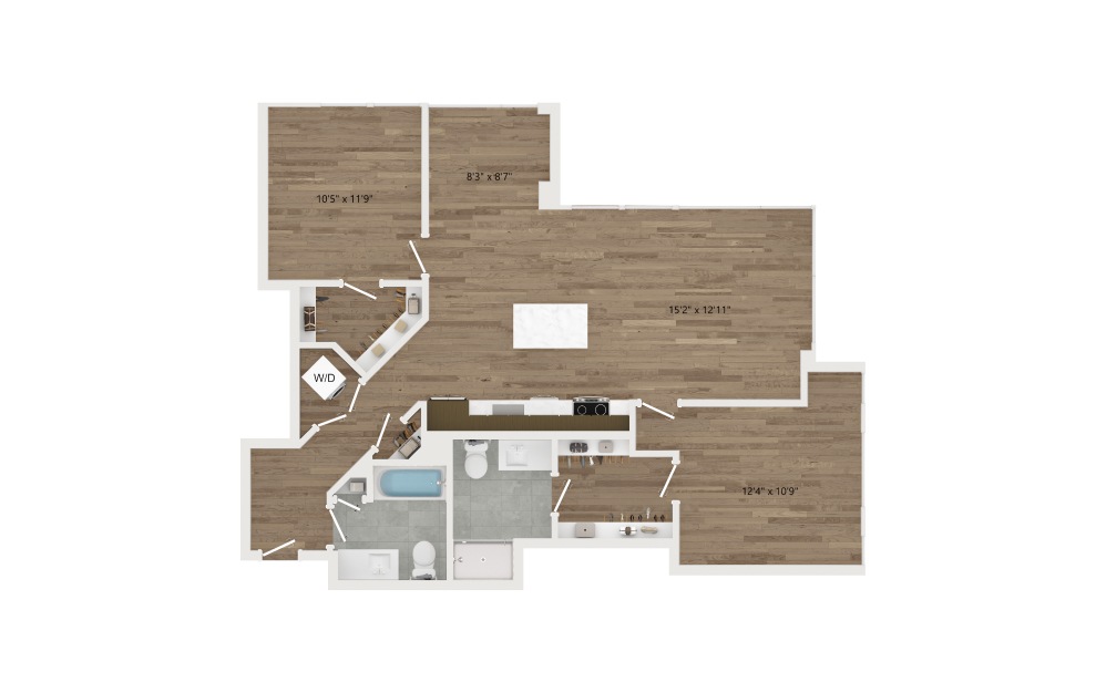 D08.2 - 2 bedroom floorplan layout with 2 baths and 1109 square feet.