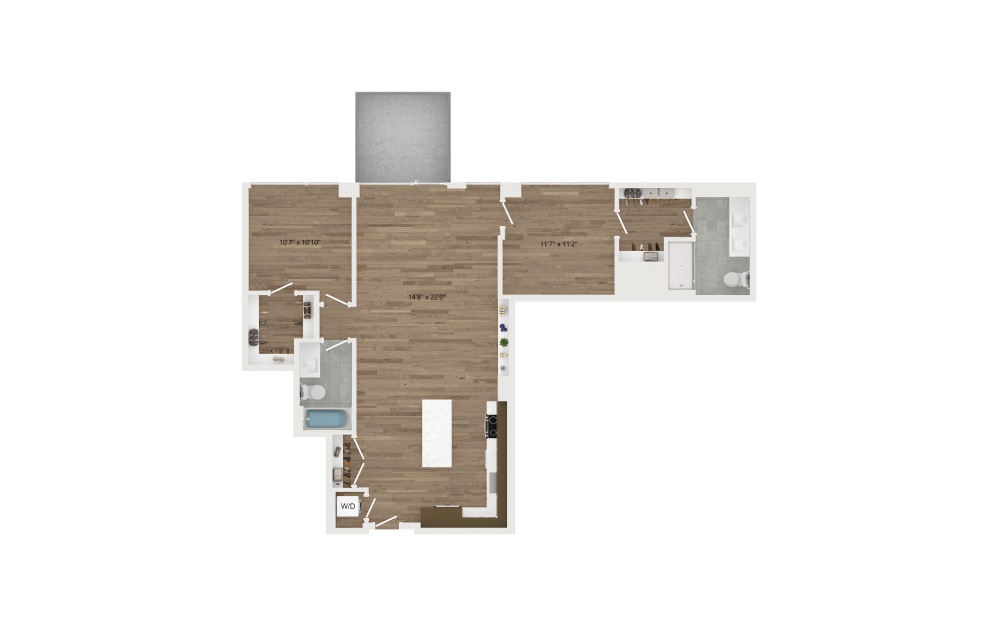 D09 - 2 bedroom floorplan layout with 2 baths and 1142 square feet.