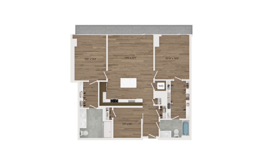 DB01 Den - 2 bedroom floorplan layout with 2 baths and 1176 square feet.