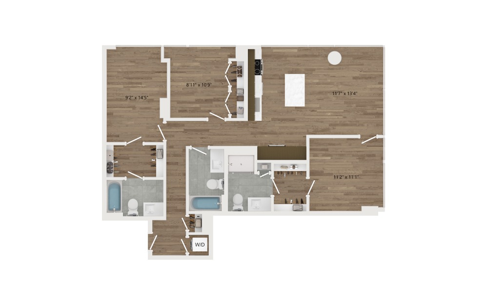 E01 - 3 bedroom floorplan layout with 3 baths and 1154 square feet.