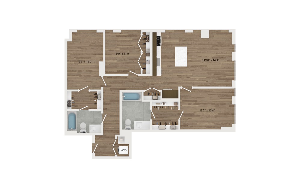E01.1 - 3 bedroom floorplan layout with 2 baths and 1118 square feet.