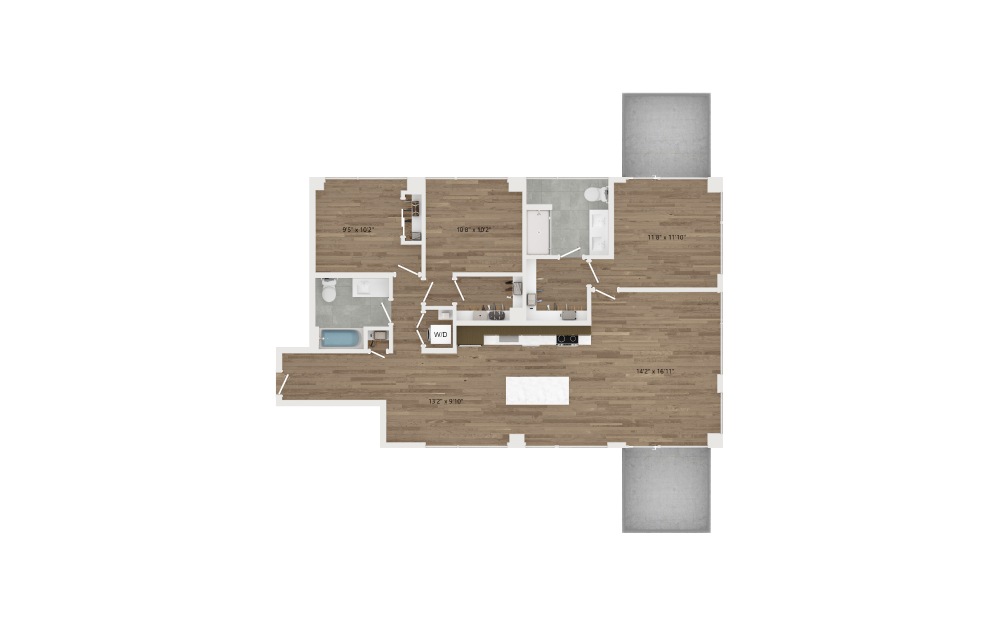 E02 - 3 bedroom floorplan layout with 2 baths and 1351 square feet.