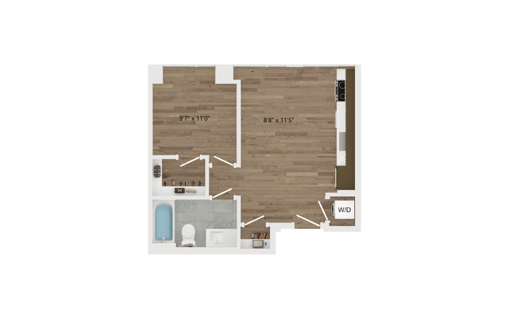 A01 - 1 bedroom floorplan layout with 1 bath and 512 square feet.