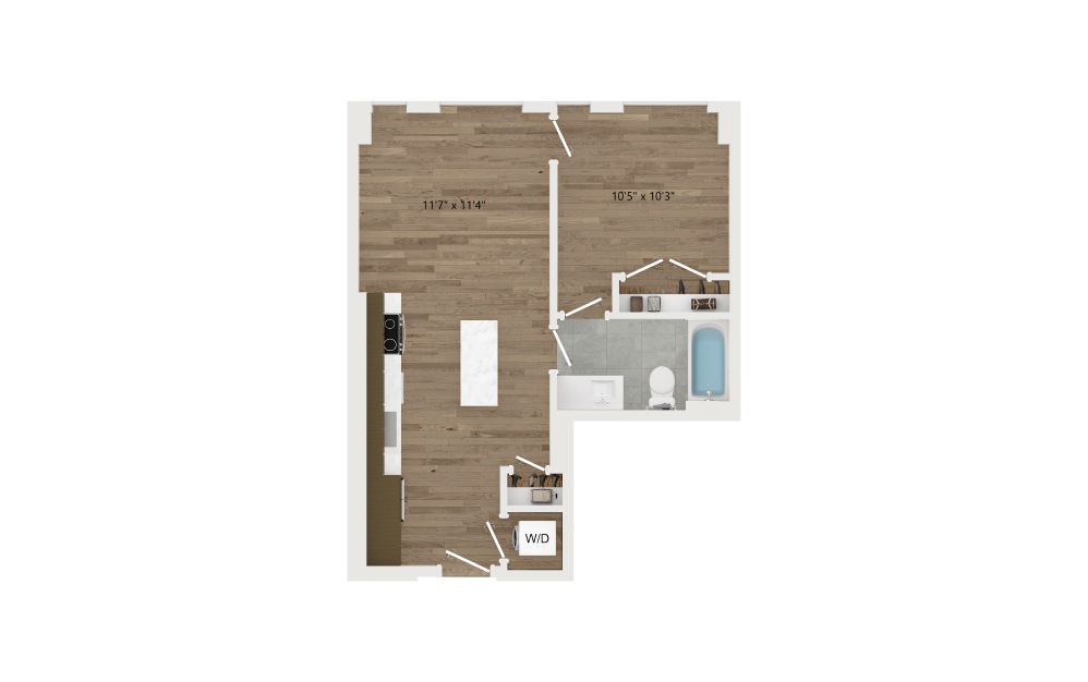 A02 - 1 bedroom floorplan layout with 1 bath and 561 square feet.