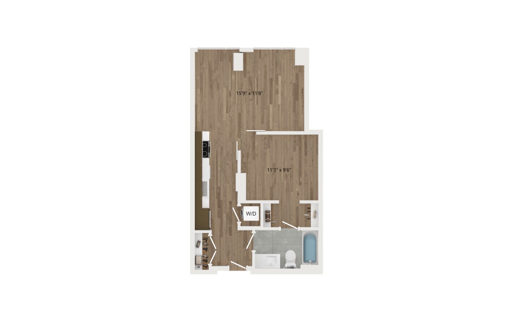 JA10 - 1 bedroom floorplan layout with 1 bath and 574 square feet.