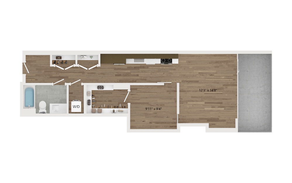 JA15 - 1 bedroom floorplan layout with 1 bath and 666 square feet.