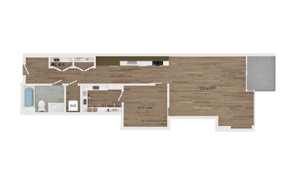 JA15.1 - 1 bedroom floorplan layout with 1 bath and 750 square feet.