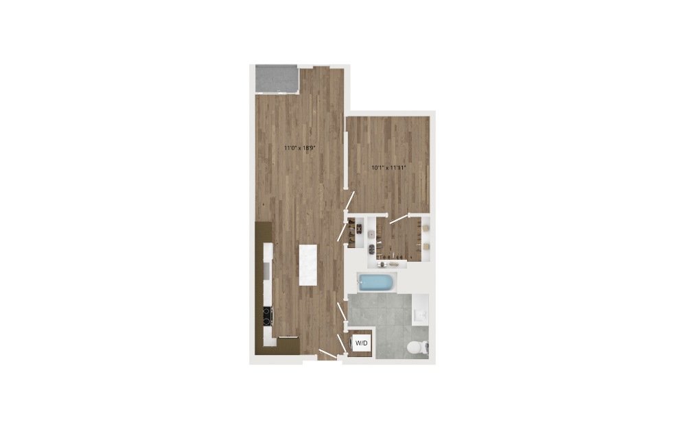 JA16.1 - 1 bedroom floorplan layout with 1 bath and 705 square feet.