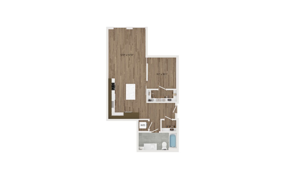 JA17 - 1 bedroom floorplan layout with 1 bath and 703 square feet.
