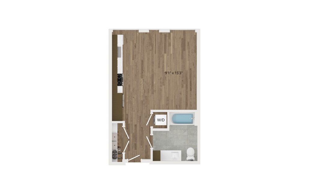 S04 - Studio floorplan layout with 1 bath and 457 square feet.