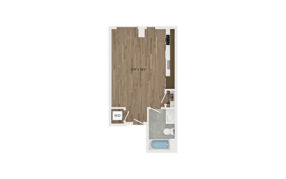 S01 - Studio floorplan layout with 1 bath and 375 square feet.